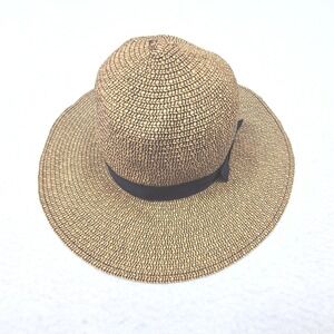 Pugs Sun‎ Hat Womens One Size Brown Straw Wide Brim Ribbon Bow Summer Beach
